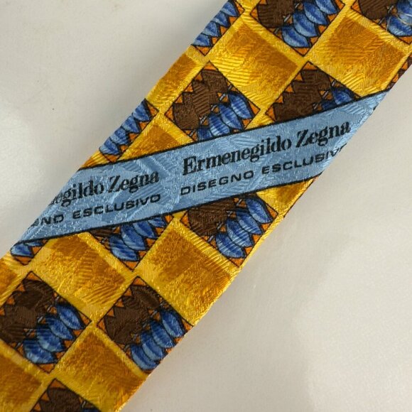 Ermenegildo Zegna Plaid Geometric Design Yellow Blue & Brown Silk Tie L 58" W 4" - Picture 5 of 5